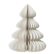 Decorazione natalizia in carta bianca a forma di albero di Natale alto 90 cm, con profili ondulati e struttura autoportante.