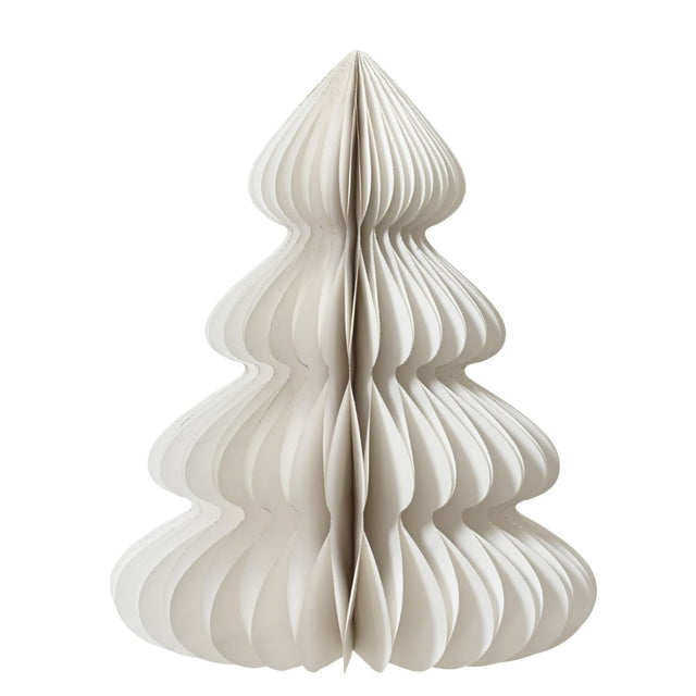 Decorazione natalizia in carta bianca a forma di albero di Natale alto 90 cm, con profili ondulati e struttura autoportante.