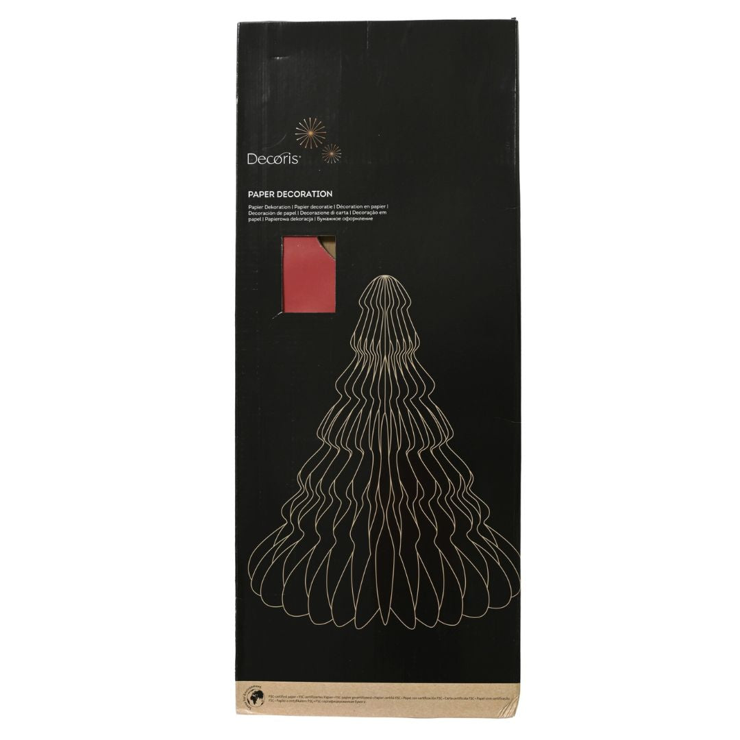 Confezione decorazione natalizia in carta rossa a forma di albero alto 90 cm, con grafica dorata del prodotto.