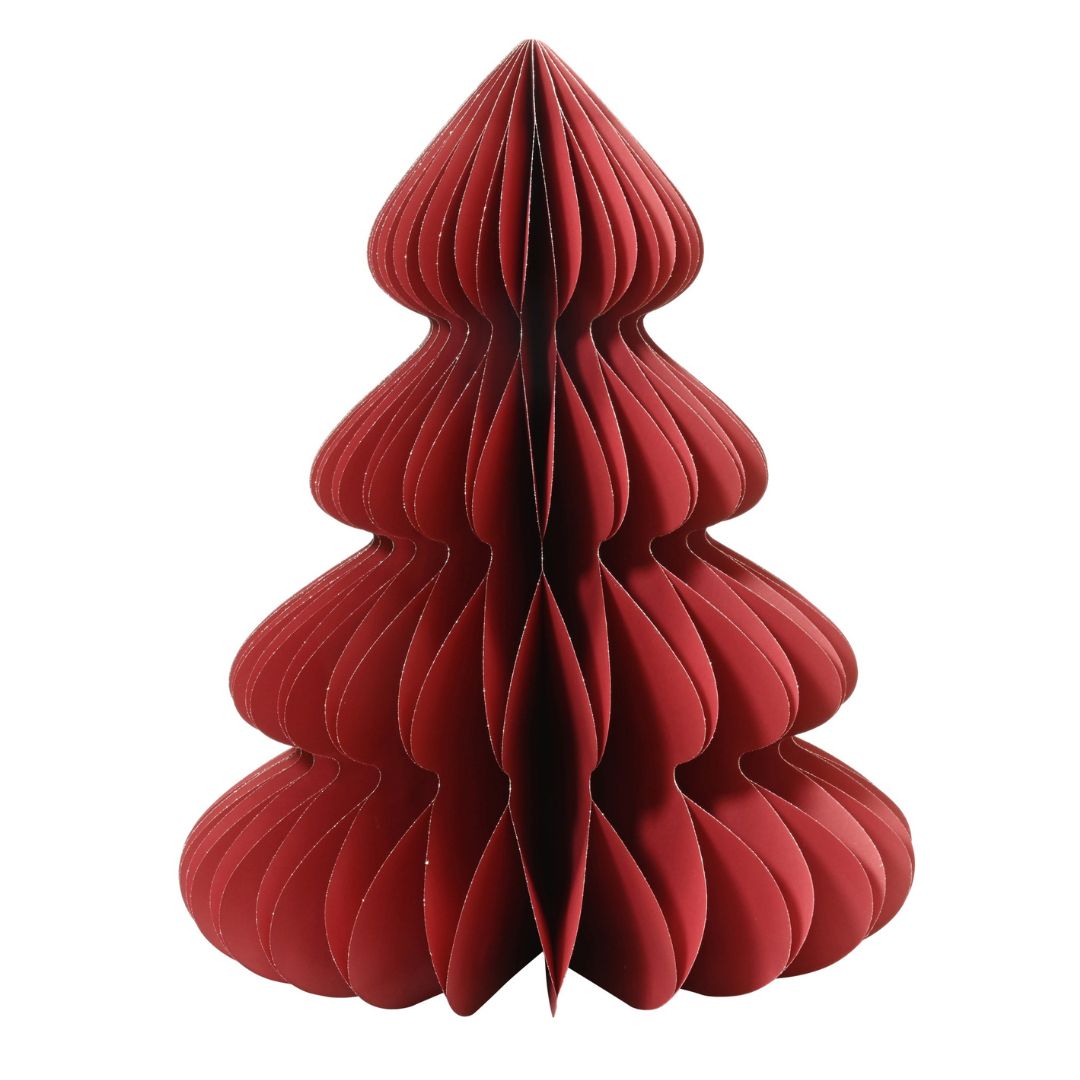 Decorazione natalizia in carta rossa a forma di albero di Natale alto 90 cm, con profili ondulati e struttura autoportante.