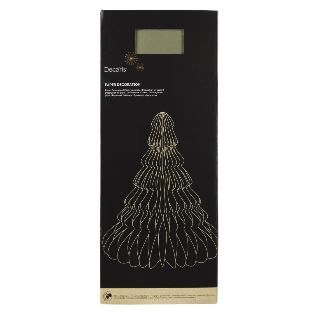 Confezione decorazione natalizia in carta verde a forma di albero alto 90 cm, con grafica dorata del prodotto.