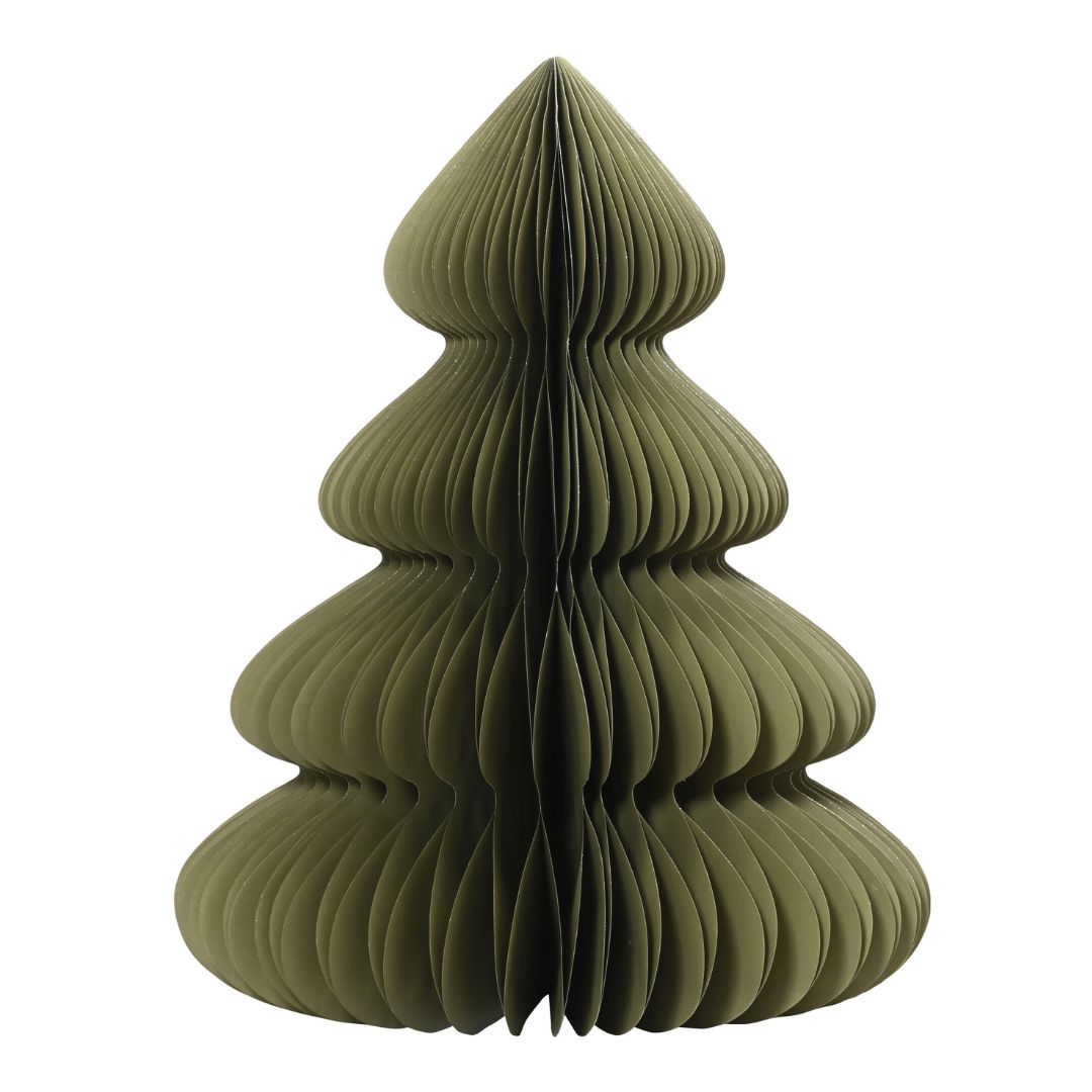 Decorazione natalizia in carta verde a forma di albero di Natale alto 90 cm, con profili ondulati e struttura autoportante.