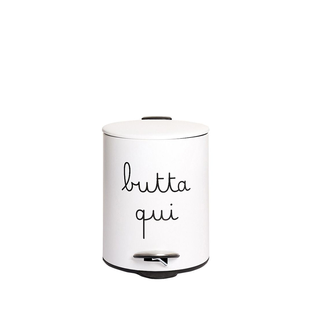 Pattumiera da 5 L bianca con scritta nera "butta qui".