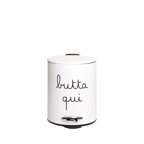 Pattumiera da 5 L bianca con scritta nera "butta qui".