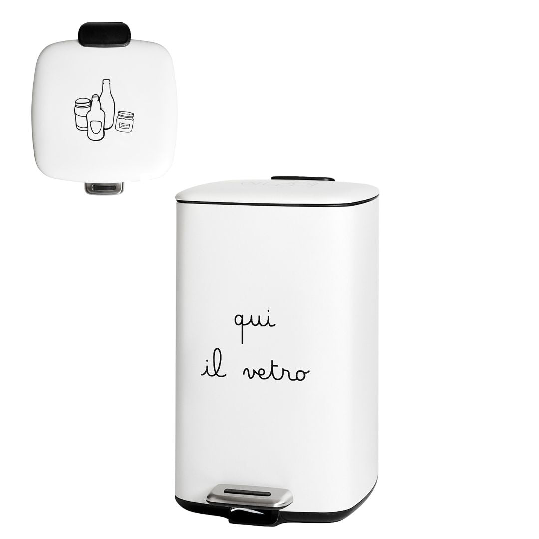 Pattumiera bianca con scritta "qui il vetro" e disegno di barattoli di vetro sul coperchio, da 20 l su sfondo bianco.