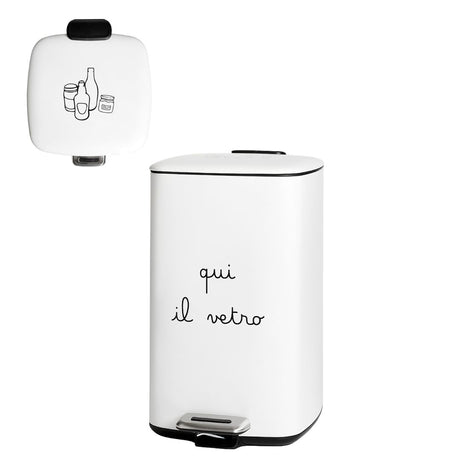 Pattumiera bianca con scritta "qui il vetro" e disegno di barattoli di vetro sul coperchio, da 20 l su sfondo bianco.