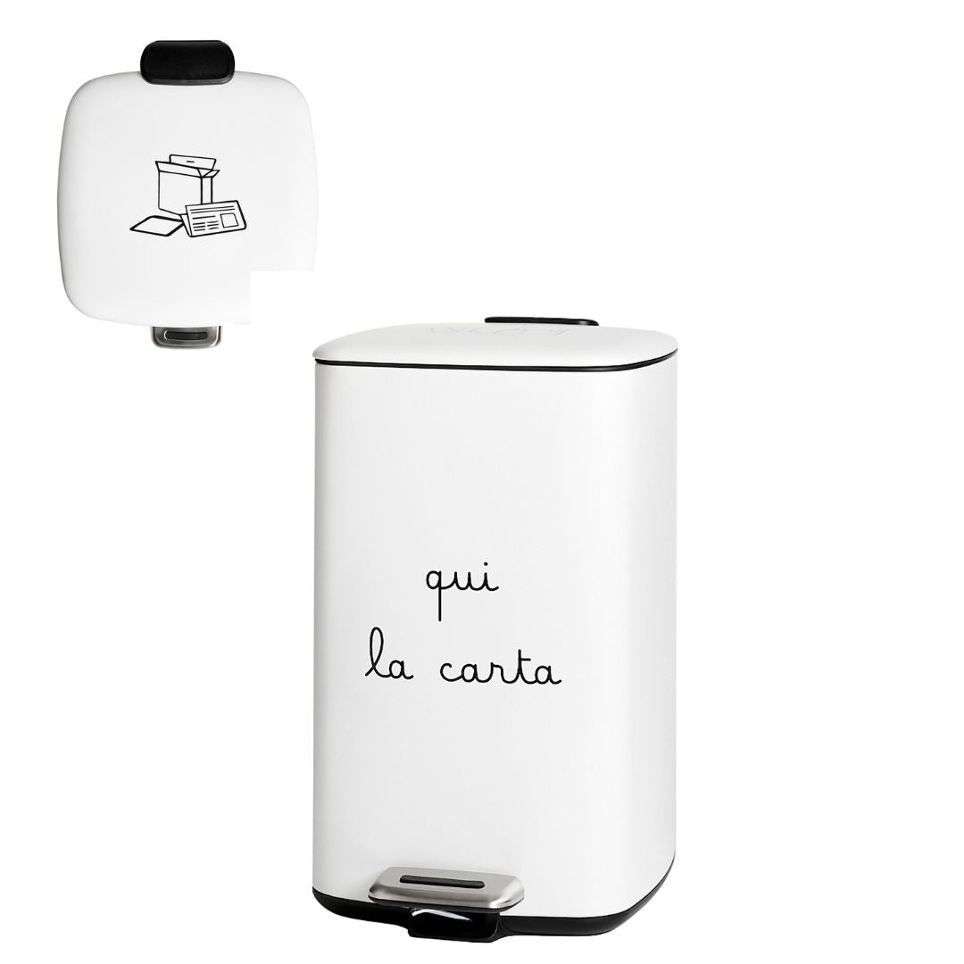 Pattumiera bianca con scritta "qui la carta" e disegno di rifiuti di carta sul coperchio, da 20 l su sfondo bianco.