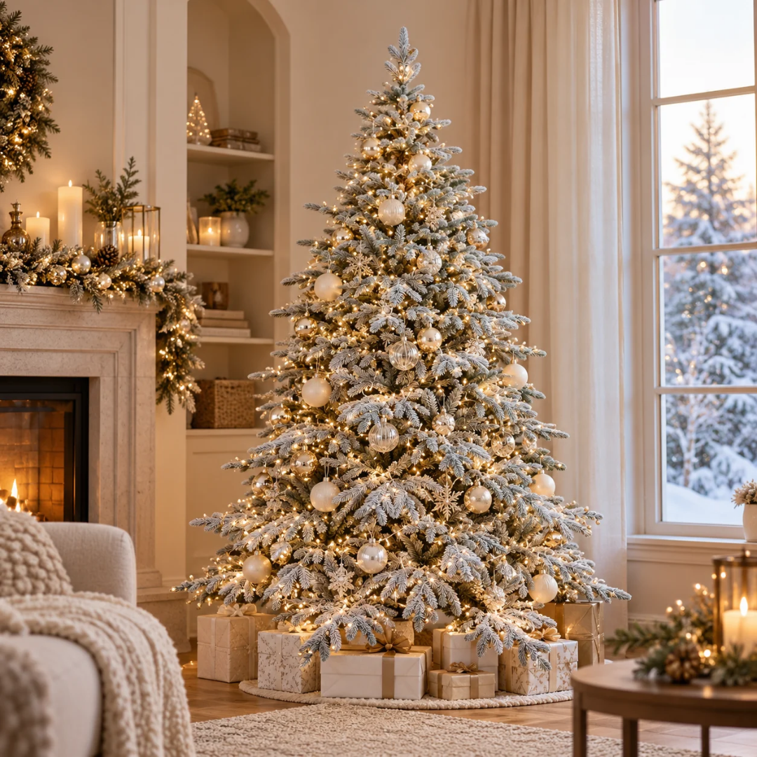 Albero di Natale innevato con LED Peak ambientato in una scena natalizia