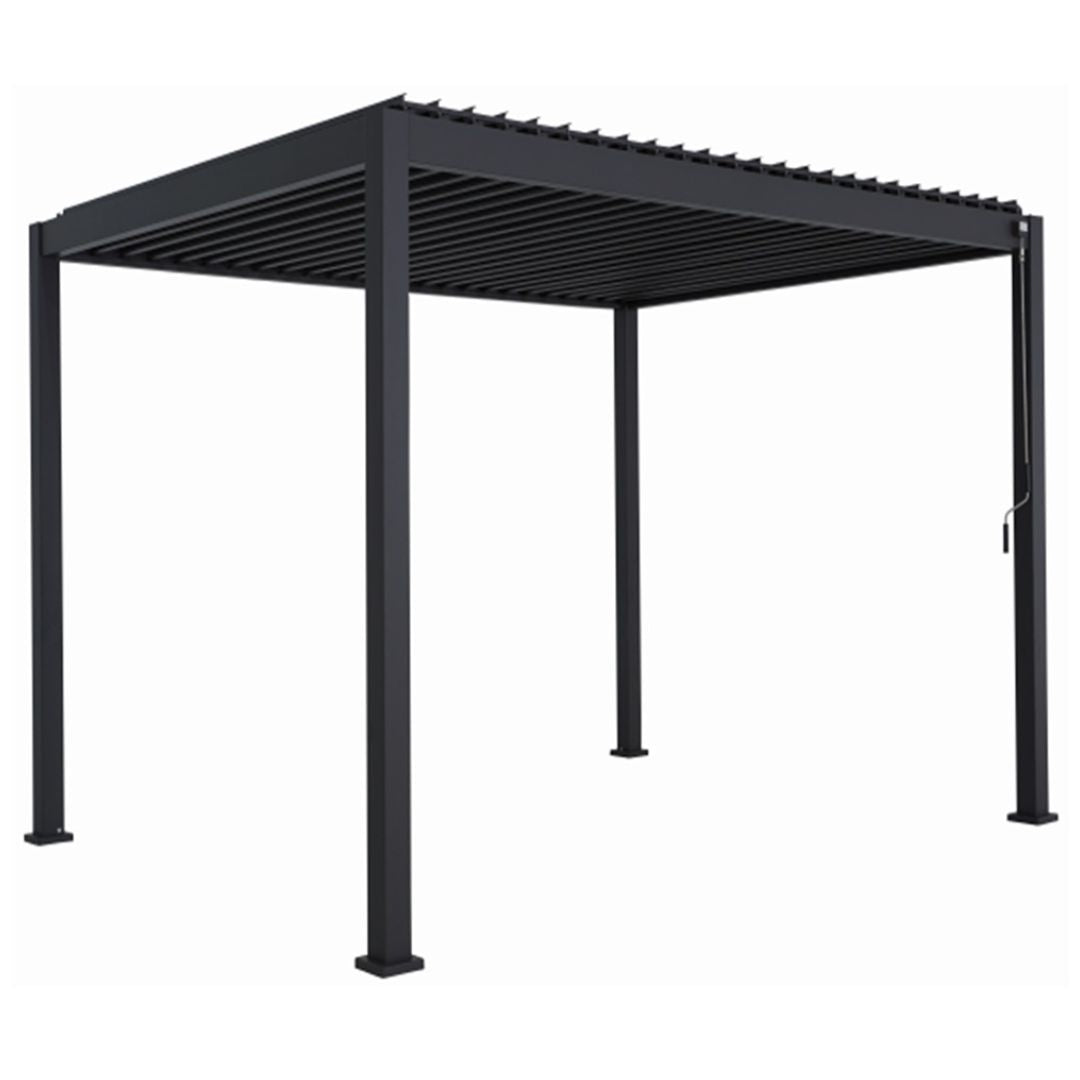 Pergola bioclimatica 3x4m da esterno con struttura in alluminio antracite e copertura a lamelle orientabili.