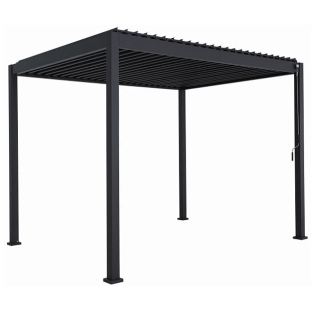Pergola bioclimatica 3x4m da esterno con struttura in alluminio antracite e copertura a lamelle orientabili.