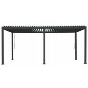 Pergola bioclimatica da esterno con struttura in alluminio antracite e copertura a lamelle orientabili, formato rettangolare 3x5m.