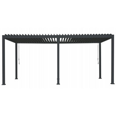 Pergola bioclimatica da esterno con struttura in alluminio antracite e copertura a lamelle orientabili, formato rettangolare 3x5m.