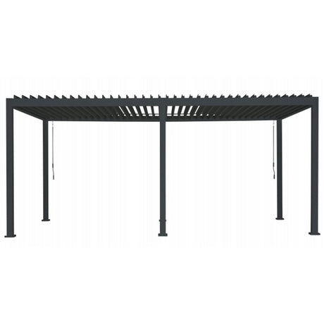 Pergola bioclimatica da esterno con struttura in alluminio antracite e copertura a lamelle orientabili, formato rettangolare 3x5m.