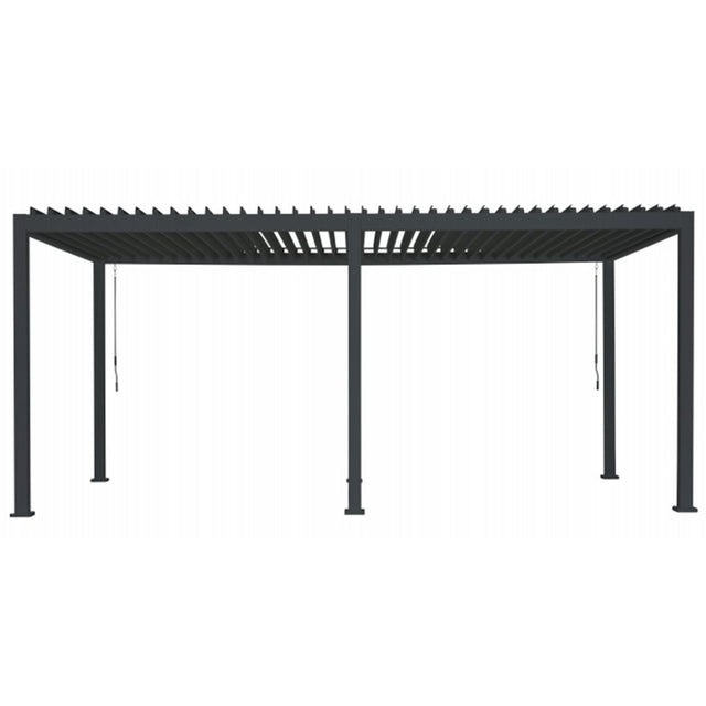 Pergola bioclimatica da esterno con struttura in alluminio antracite e copertura a lamelle orientabili, formato rettangolare 3x5m.