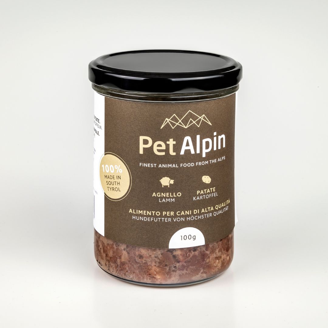 Vasetto Pet Alpin alimento umido per cani agnello e patate 100g, prodotto in Alto Adige