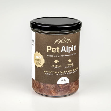 Vasetto Pet Alpin alimento umido per cani agnello e patate 180g, prodotto in Alto Adige