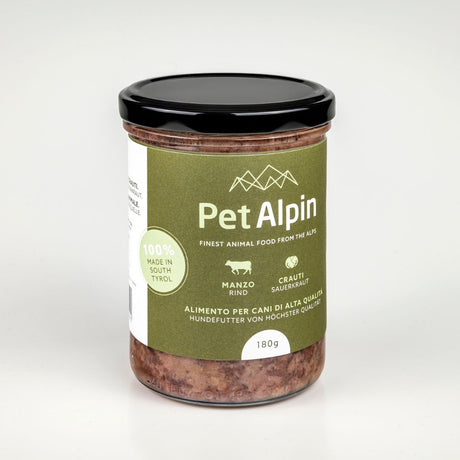 Barattolo di vetro Pet Alpin da 180g con cibo per cani a base di manzo e crauti, prodotto in Alto Adige con etichetta verde oliva e coperchio nero