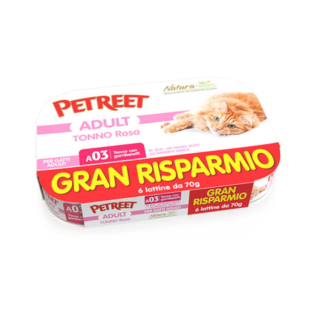Confezione multipla Petreet Adult per gatti: 6 lattine da 70g di tonno rosa con gamberetti in gelatina, etichettata 'Gran Risparmio' con immagine di gatto arancione.