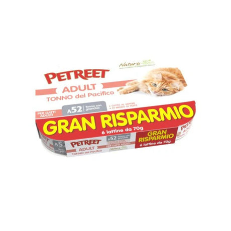 Confezione PETREET ADULT Tonno del Pacifico con granchio, multipack GRAN RISPARMIO 6 lattine da 70g, linea Natura per gatti.