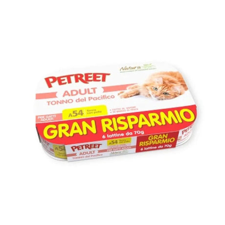 Confezione multipla Petreet Adult Tonno del Pacifico, 6 lattine da 70g per gatti adulti. Promozione Gran Risparmio, linea Natura.
