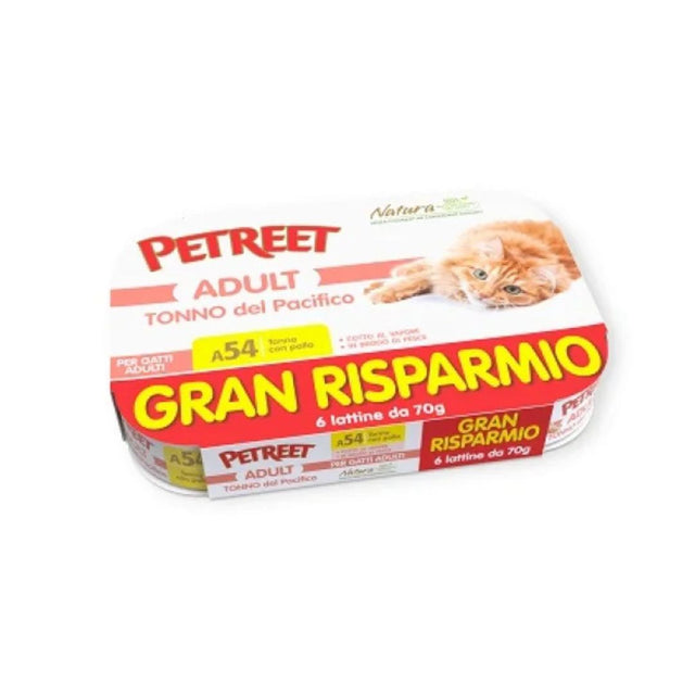 Confezione multipla Petreet Adult Tonno del Pacifico, 6 lattine da 70g per gatti adulti. Promozione Gran Risparmio, linea Natura.
