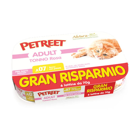 Petreet adult tonno rosa multipack cibo per gatti in scatolette, confezione da 6 lattine da 70 g cadauna con foto di un gatto arancione sulla scatola.