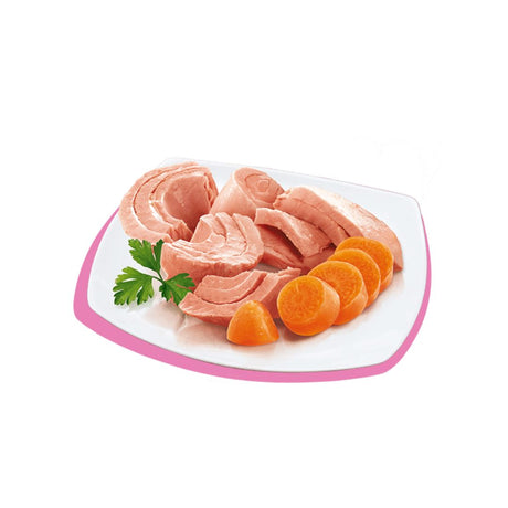 Filetti di tonno rosa con carote su piatto bianco bordato rosa, guarnito con prezzemolo. Cibo umido per gatti.