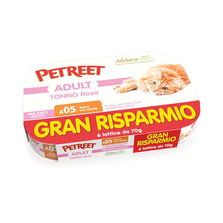 Petreet Adult Tonno Rosa con carote in gelatina per gatti adulti. Multipack 6 lattine da 70g. Gran Risparmio.