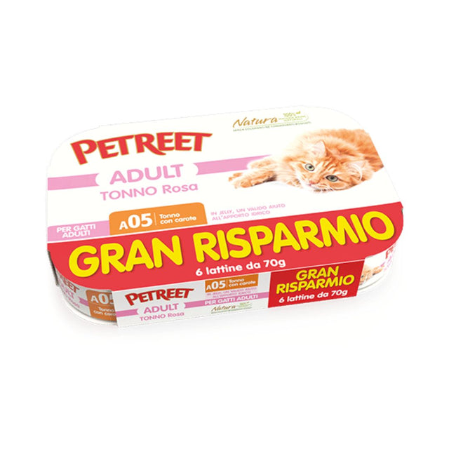 Petreet Adult Tonno Rosa con carote in gelatina per gatti adulti. Multipack 6 lattine da 70g. Gran Risparmio.