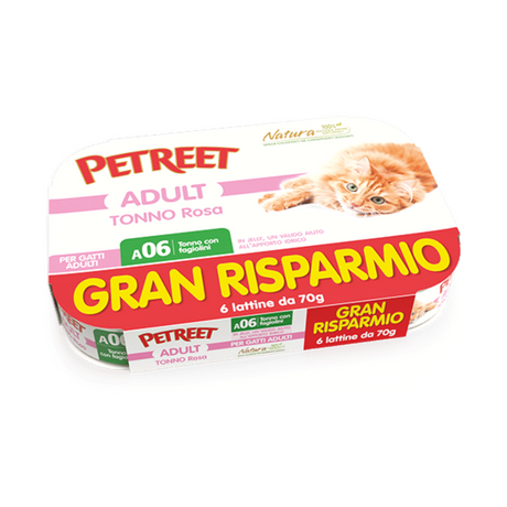 Confezione PETREET ADULT Tonno Rosa con fagiolini, multipack convenienza 6 lattine da 70g, linea Natura per gatti adulti.