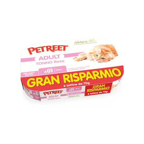 Confezione PETREET ADULT Tonno Rosa A01, multipack GRAN RISPARMIO 6 lattine da 70g, con gatto arancione sulla confezione.