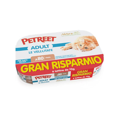 Petreet Adult Le Vellutate A80 Vitello cremoso per gatti, ideale per problemi di masticazione. Multipack 6x70g.