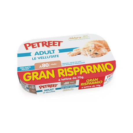 Petreet Adult Le Vellutate A80 Vitello cremoso per gatti, ideale per problemi di masticazione. Multipack 6x70g.