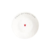 Piatto fondo in grès con scritta nera "le buone idee vengono a tavola" e cuoricino rosso al centro.