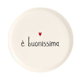 Piatto per pizza in gres con diametro di 31,5 cm e scritta "è buonissima".