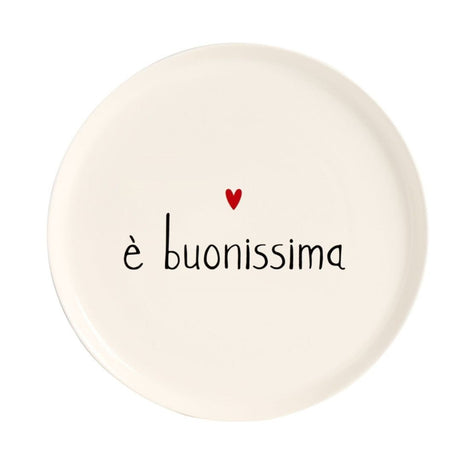 Piatto per pizza in gres con diametro di 31,5 cm e scritta "è buonissima".