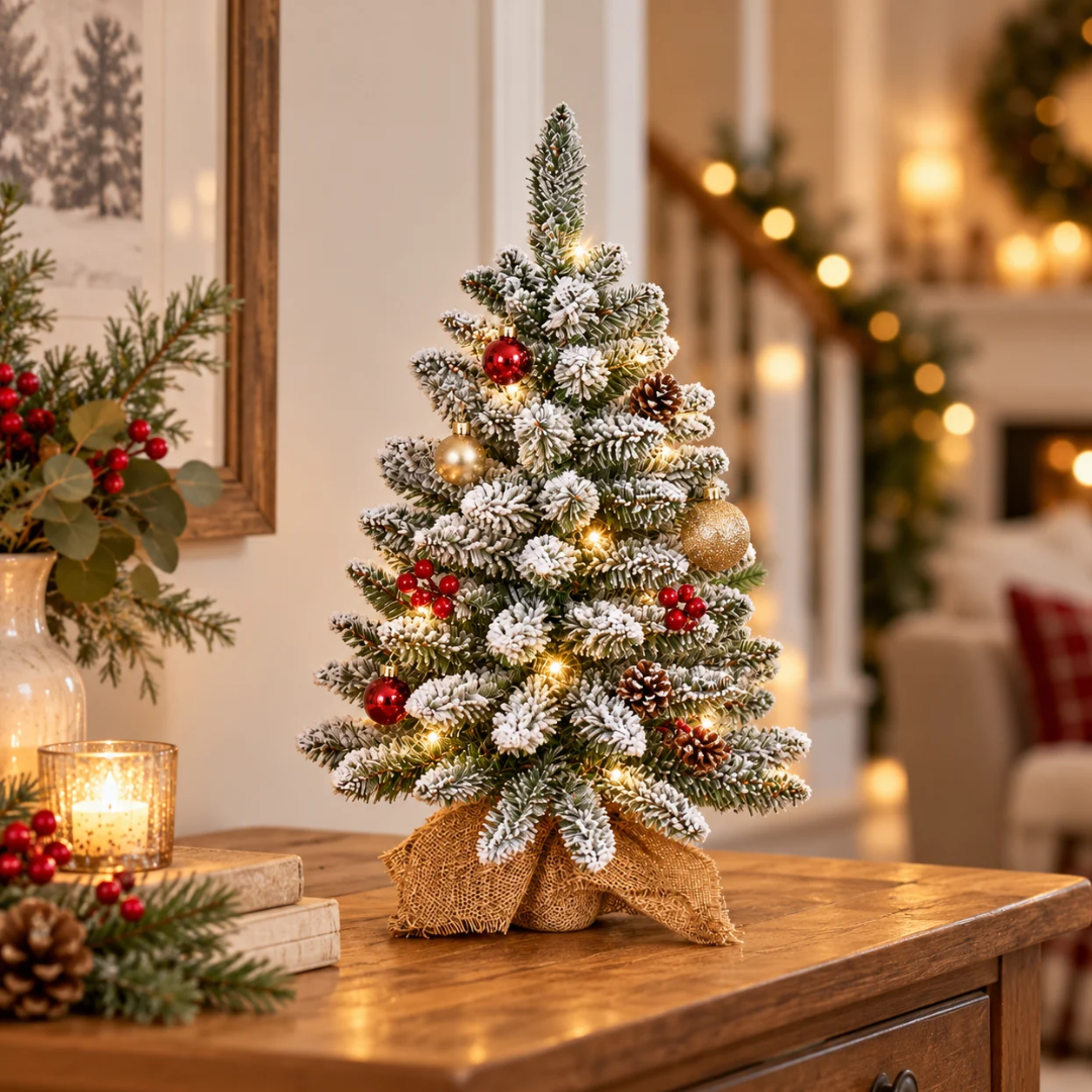 Albero di Natale da tavolo innevato con sacco in juta ambientato in una scena natalizia