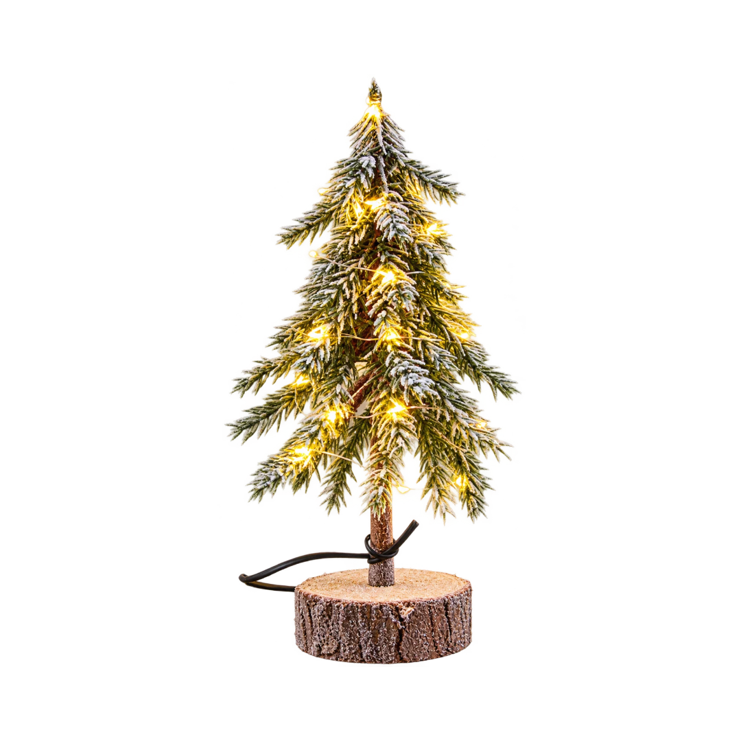 Pinetto di Natale innevato Garden Team da 30 cm con luci LED bianco caldo, rami verdi e base in tronco di legno.