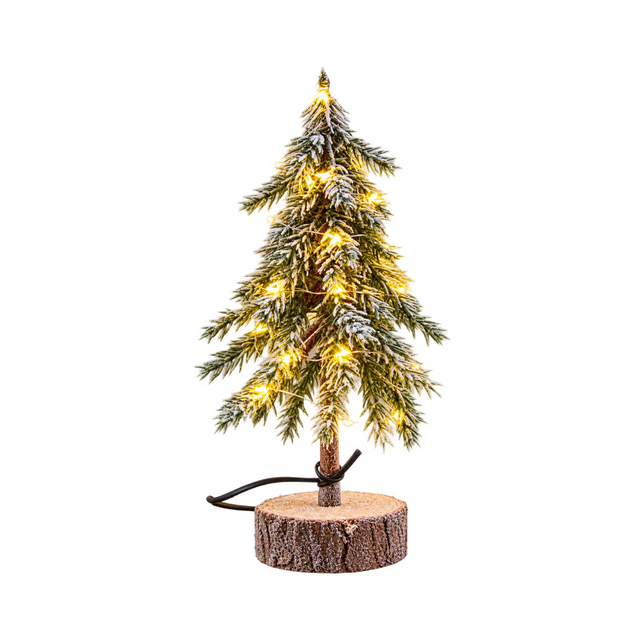 Pinetto di Natale innevato Garden Team da 30 cm con luci LED bianco caldo, rami verdi e base in tronco di legno.