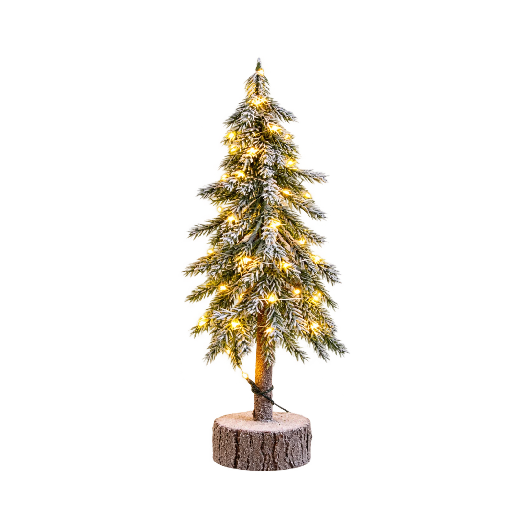 Pinetto di Natale innevato Garden Team da 50 cm con luci LED bianco caldo, rami folti e base in tronco di legno.