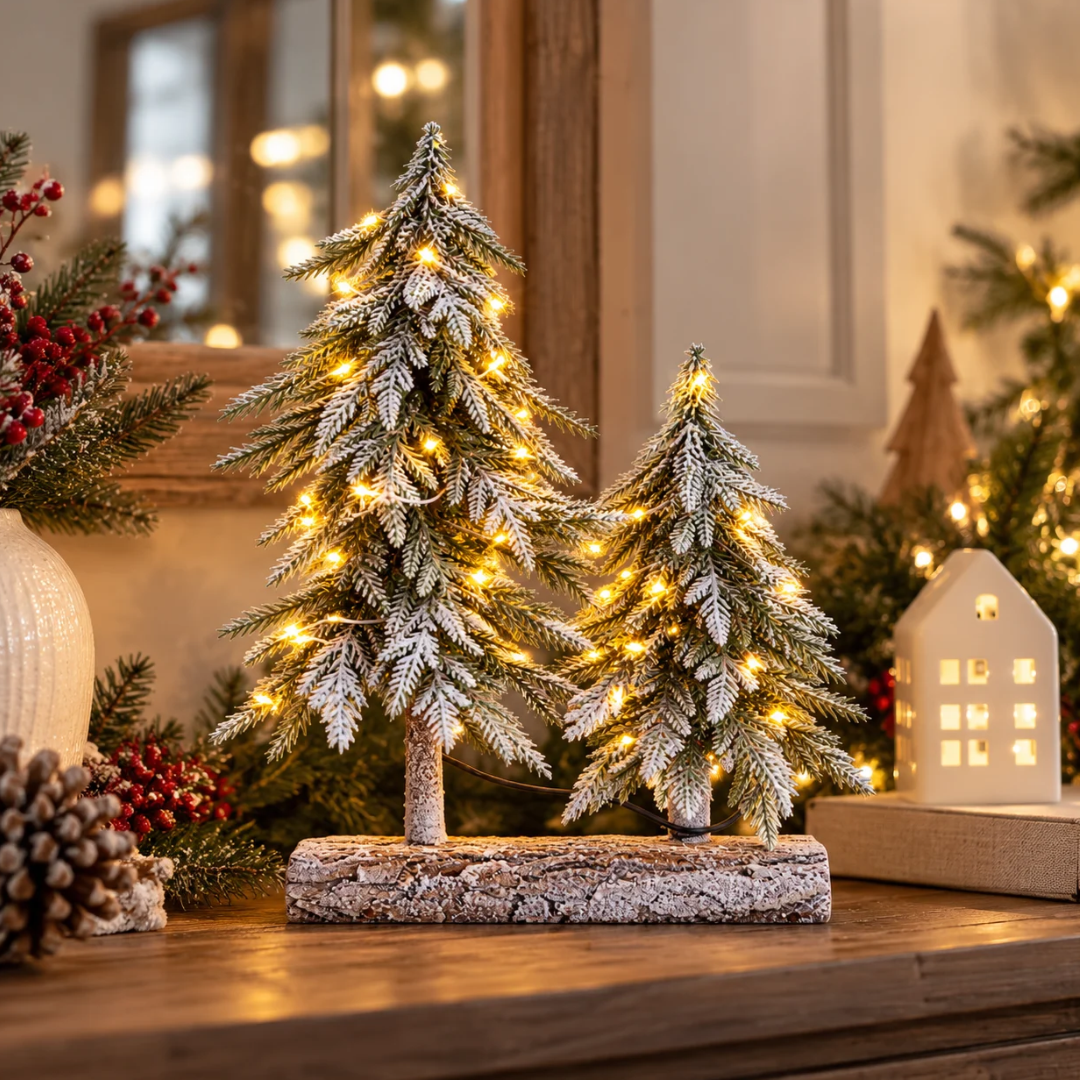 Due pini di Natale innevati con LED bianco caldo su base in legno, ambientati su un mobile con decorazioni natalizie.