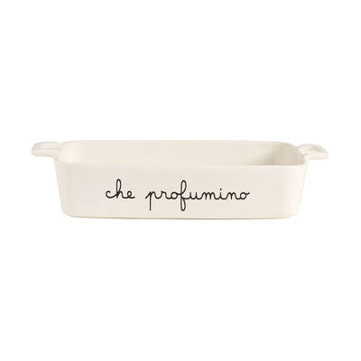 Pirofila in grès bianca rettangolare con scritta "che profumino".