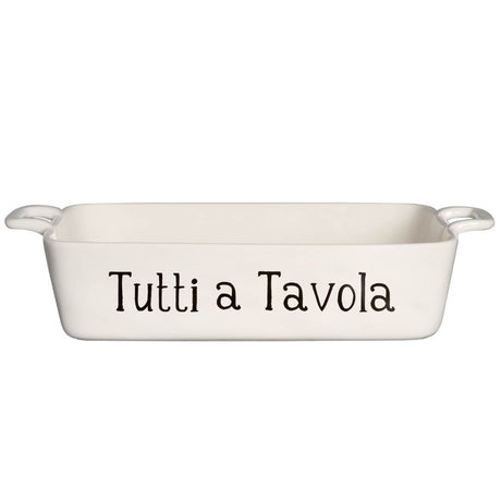 Pirofila in grès bianca rettangolare con scritta "Tutti a Tavola".