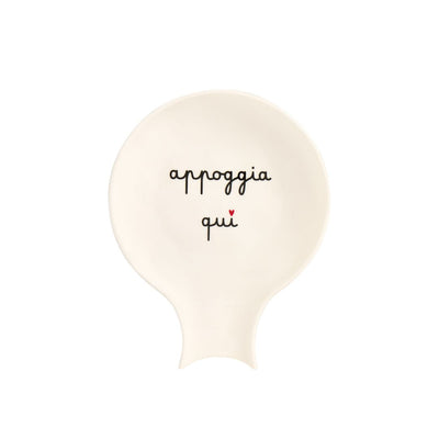 Poggiamestolo in grès con scritta in nero "appoggia qui".