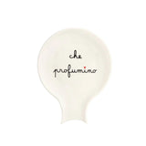 Poggiamestolo in grès con scritta in nero "che profumino".