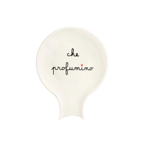 Poggiamestolo in grès con scritta in nero "che profumino".