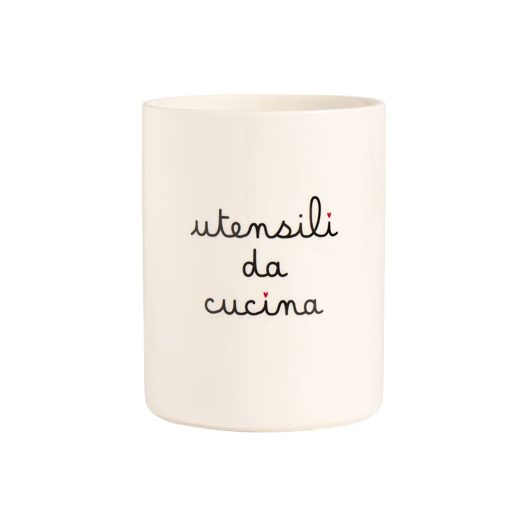 Portamestoli in grès bianco con scritta "utensili da cucina".