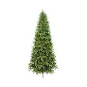 Albero di Natale slim verde con chioma folta e numerose luci calde integrate distribuite uniformemente sui rami