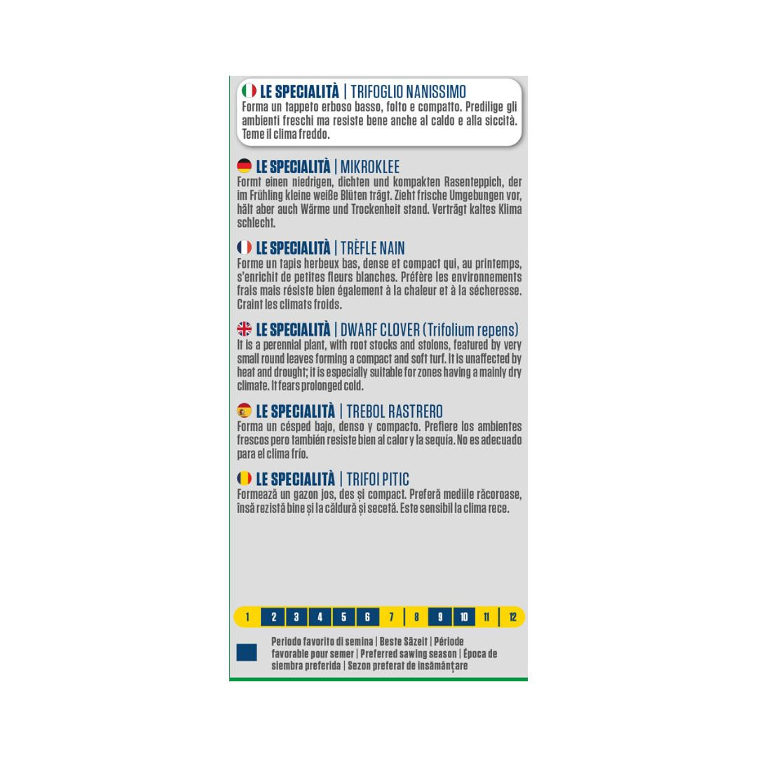 Descrizione tecnica del Trifoglio Nanissimo, prato nano a crescita compatta e bassa, resistente a caldo e siccità, ideale per aree fresche. Scheda multilingue con calendario dei mesi consigliati per la semina