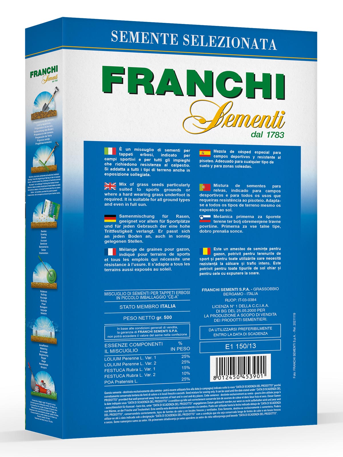 Retro della confezione prato olimpico Franchi Sementi